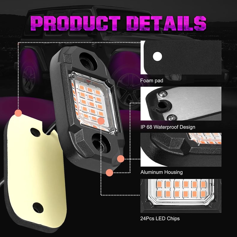 LY8 4 Pods Purple Rock Lights 24 LEDs Chips Waterproof Neon Trail Rig Lamp Underglow Light for Car Truck Motorcycle Boat SUV ATV UTV - Image 3